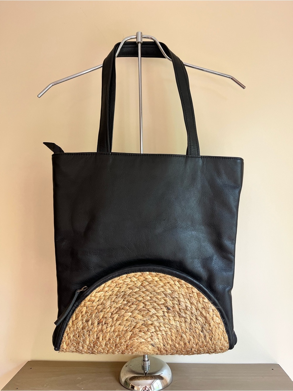 Black Leather Tote with Natural Woven Raffia Accent
